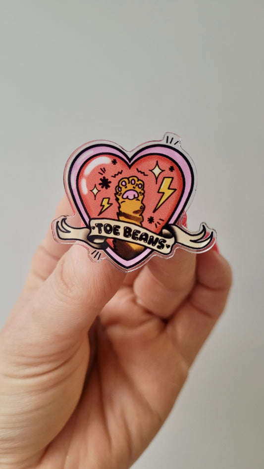 Toe Beans Acrylic Pin Badge – Cat Paw Tattoo Inspired Heart & Scroll Design