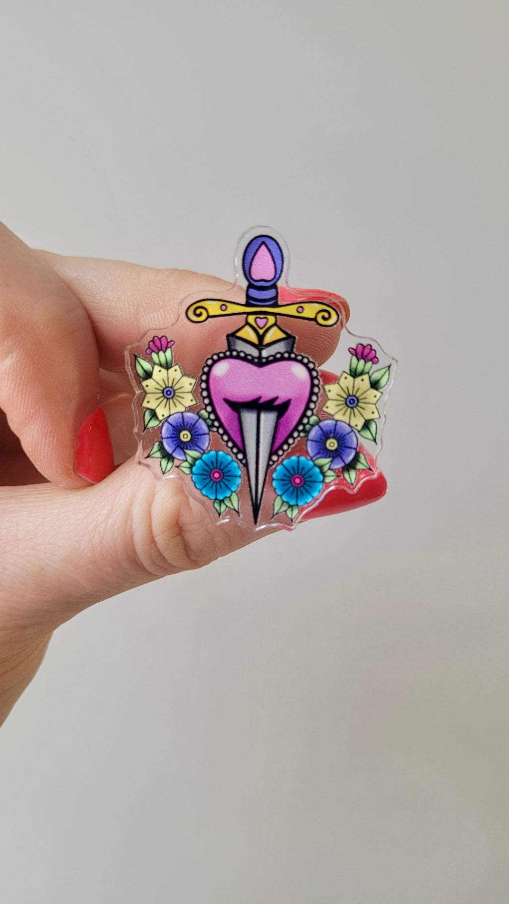 Floral Heart & Dagger Acrylic Pin – Alt Tattoo Inspired Art