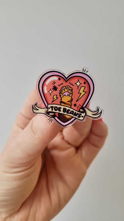 Toe Beans Acrylic Pin Badge – Cat Paw Tattoo Inspired Heart & Scroll Design