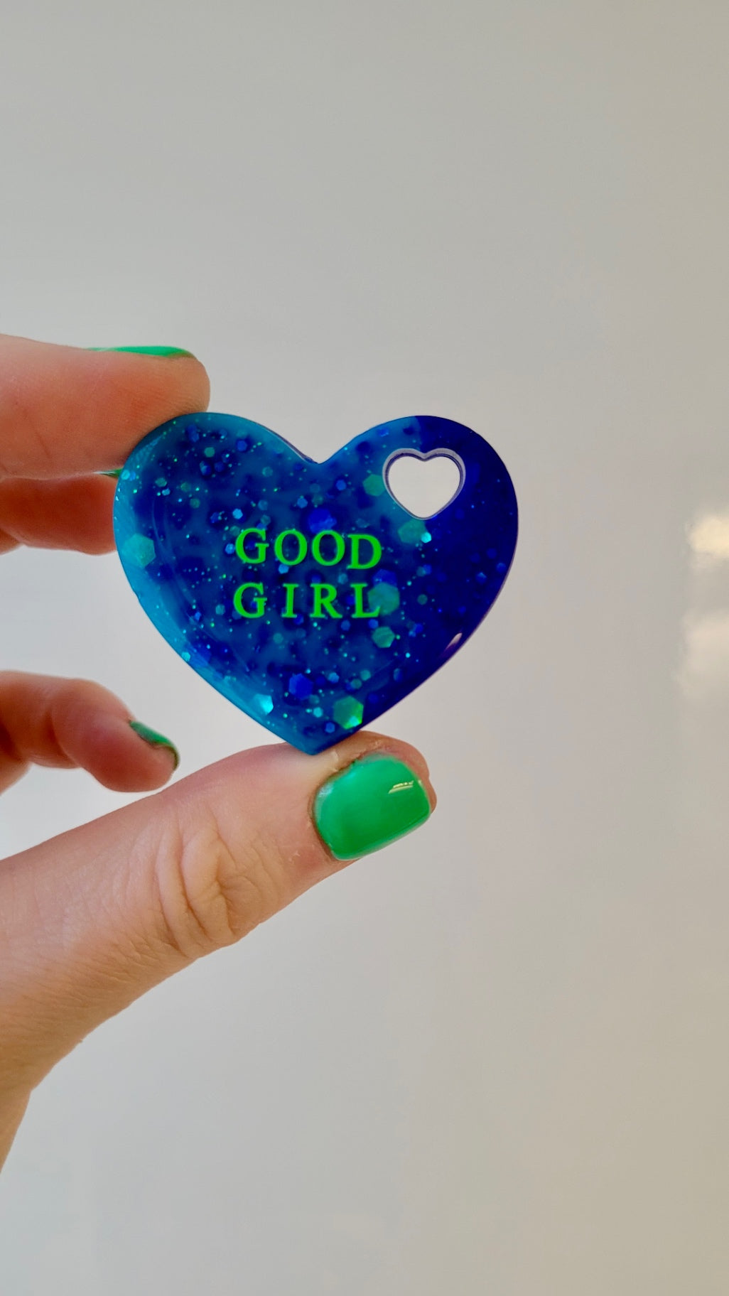 GOOD GIRL Resin Heart Pin Badge - Blue & Purple Glitter with Green Text