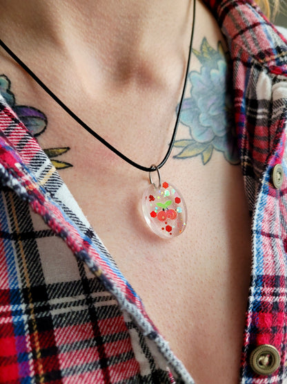 Cherry Glitter Oval Pendant Necklace - Black Cord 50 + 5cm 