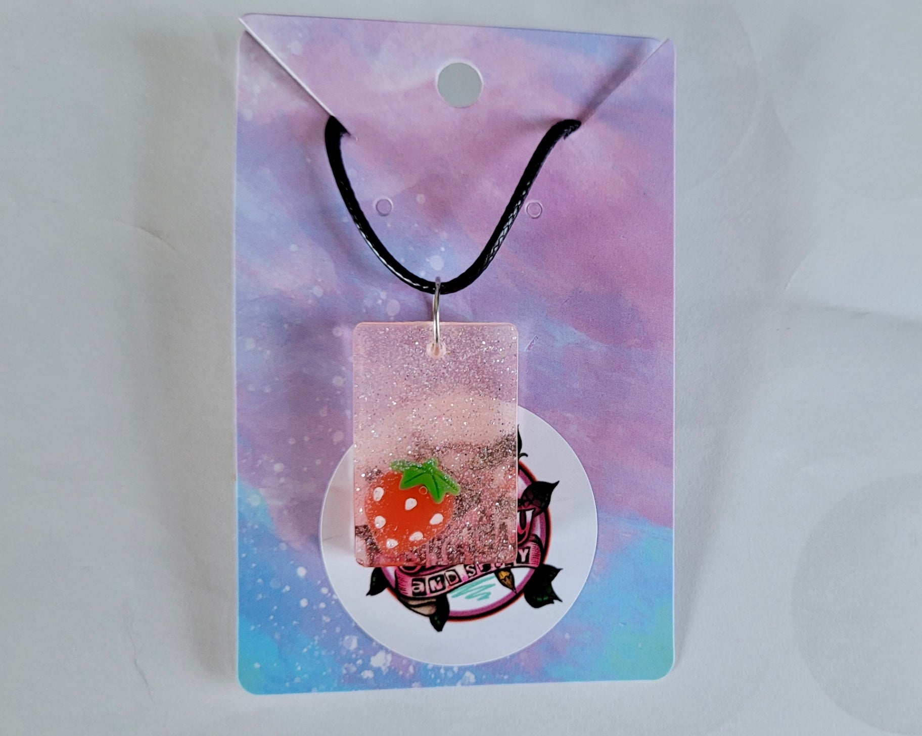 Strawberry Glitter Rectangle Necklace - Black Cord 50 + 5cm 
