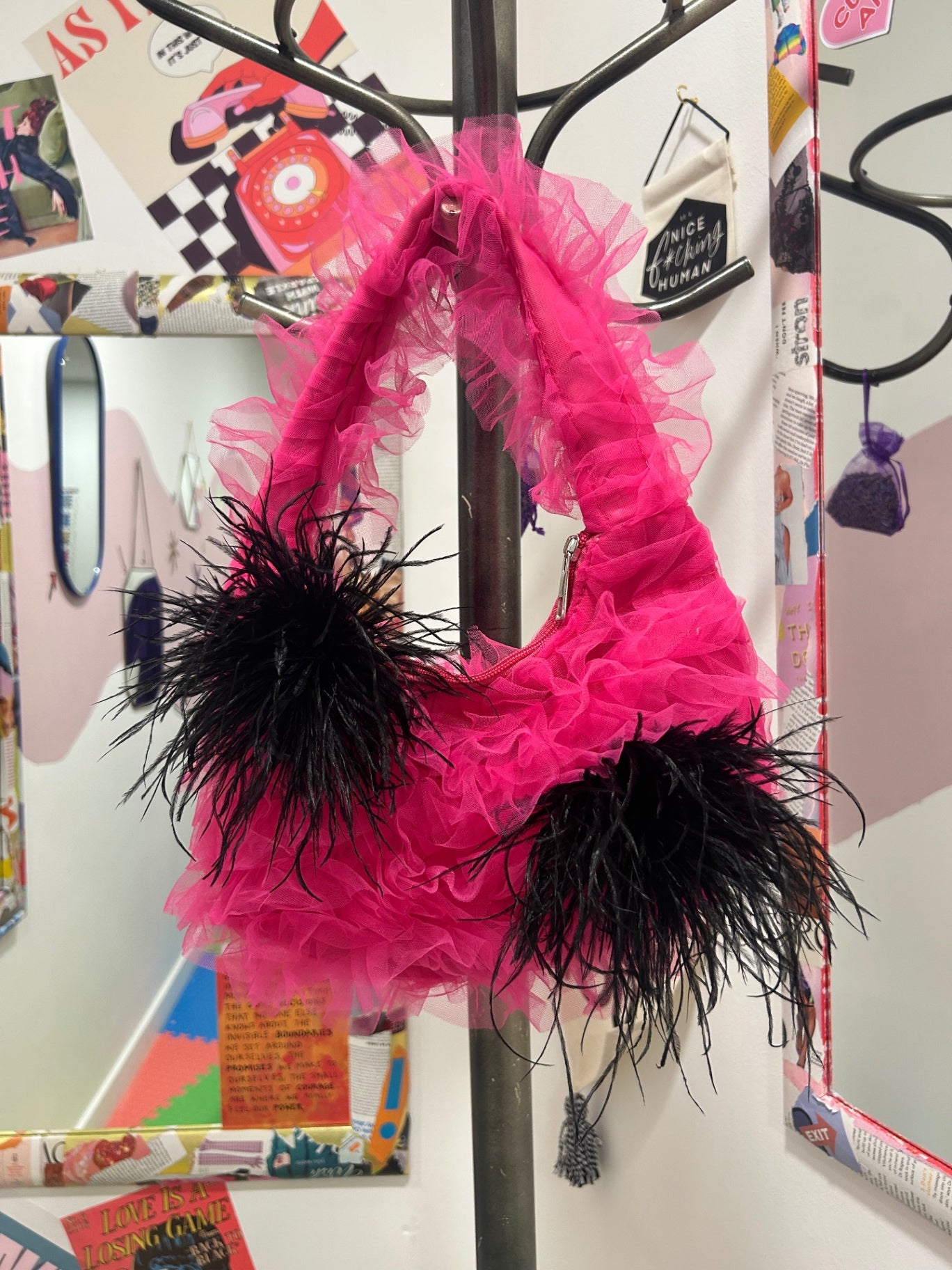 Pink Tulle Black Feather Bag