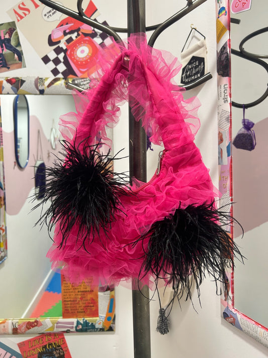 Pink Tulle Black Feather Bag