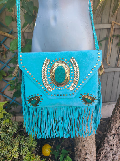 Yellowstone cross body bag with Moroccan stone detailing - Turquoise