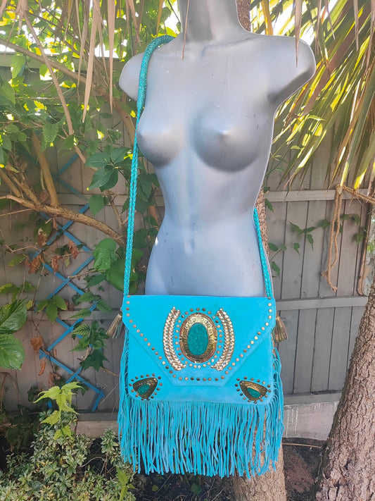 Yellowstone cross body bag with Moroccan stone detailing - Turquoise