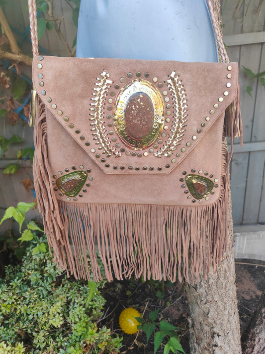 Yellowstone cross body bag with Moroccan stone detailing TAN