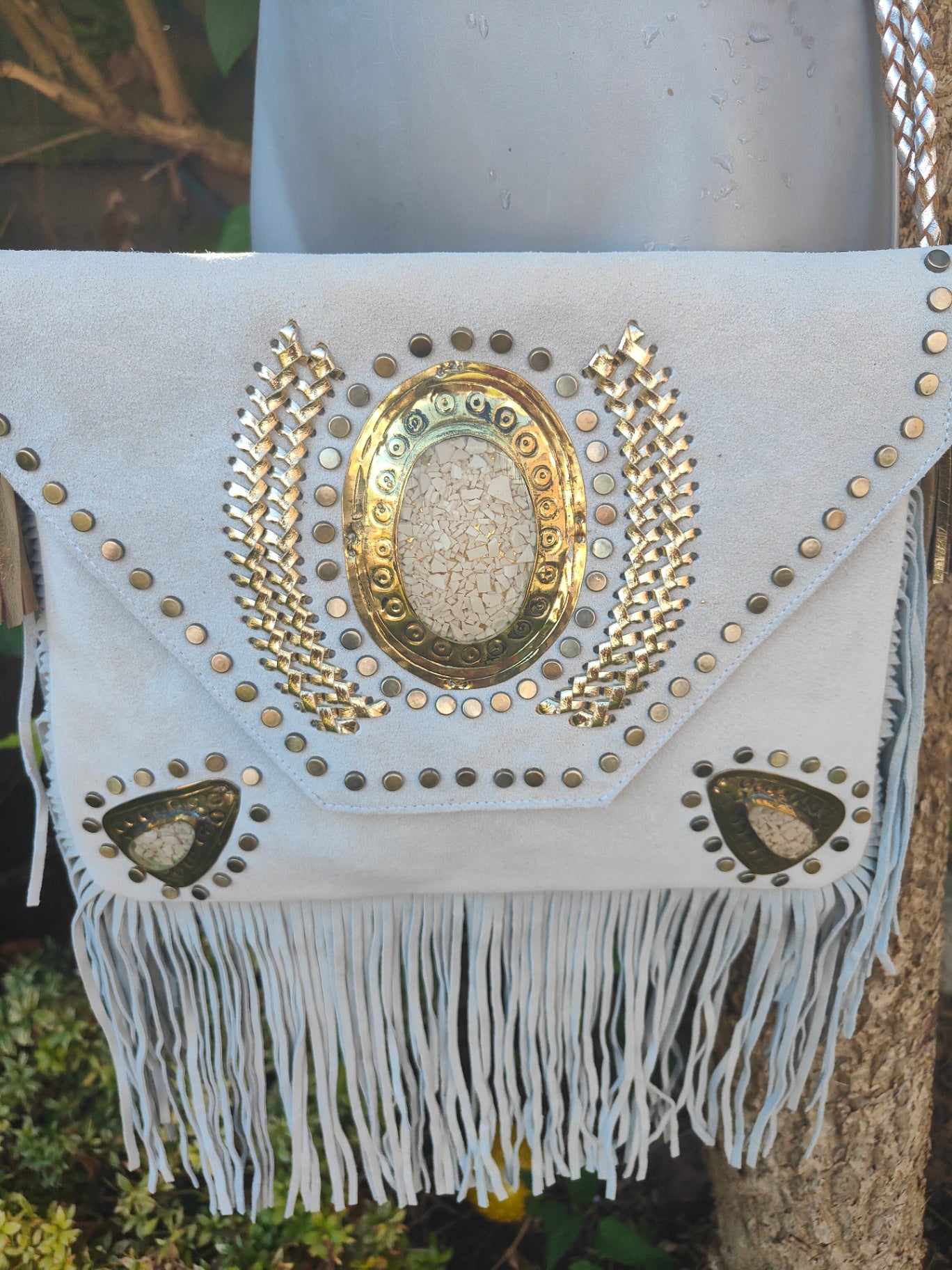 Yellowstone cross body bag with Moroccan stone detailing WHITE