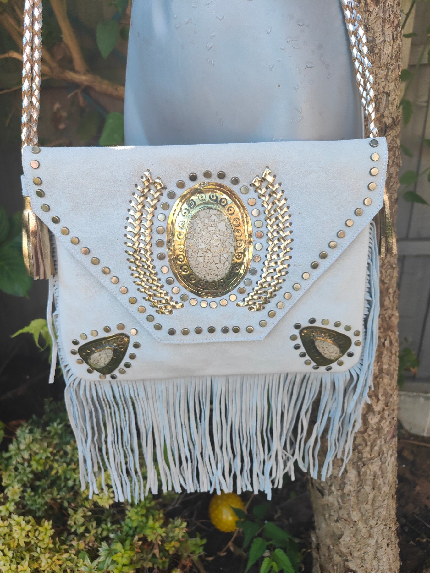 Yellowstone cross body bag with Moroccan stone detailing WHITE