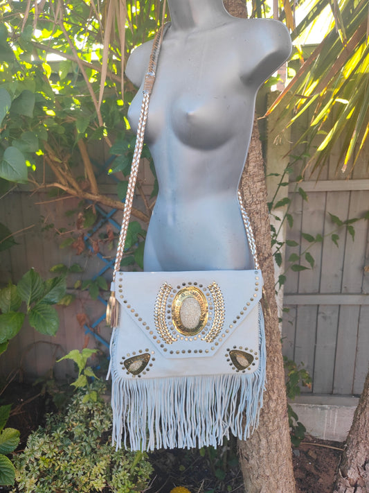 Yellowstone cross body bag with Moroccan stone detailing WHITE