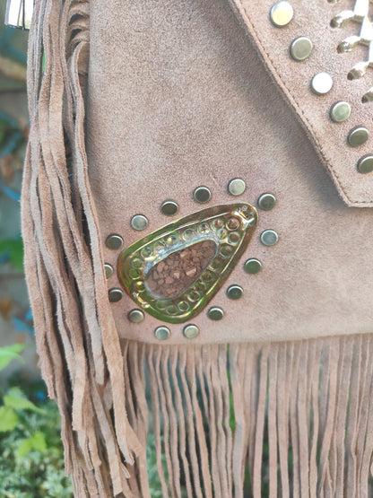 Yellowstone cross body bag with Moroccan stone detailing TAN