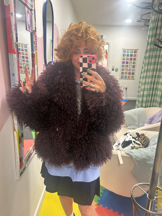 Red Wine Faux Fur Mongolian Fur Jacket with Clasps