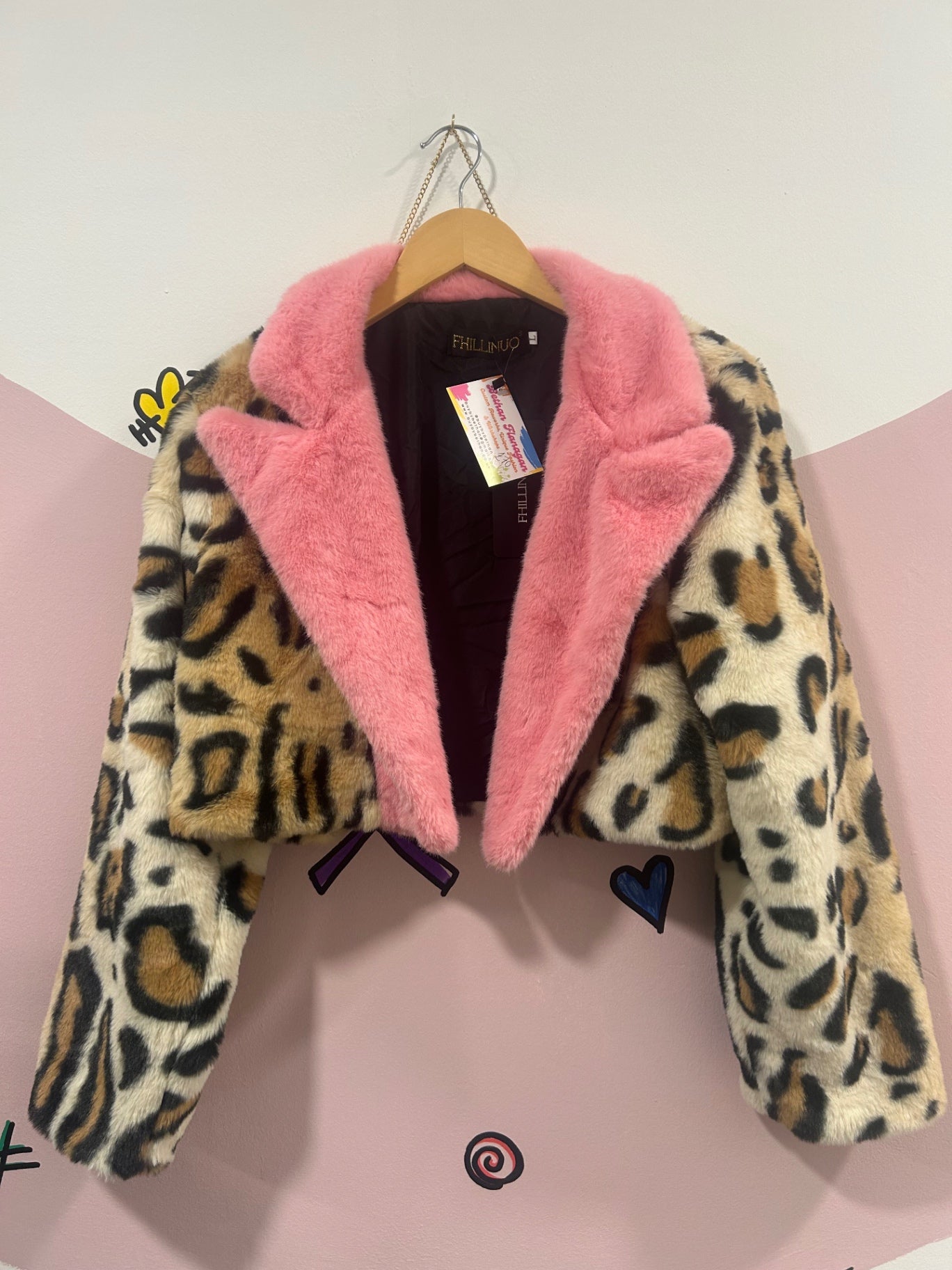 Leopard Faux Fur Coat with Pink Collar