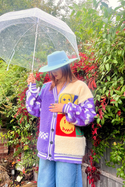 Purple Patchwork Happy Face Knit Cardigan – Oversized Retro Smile Design