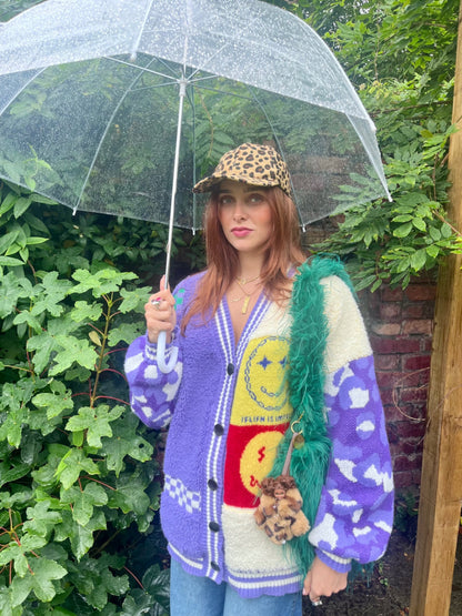 Purple Patchwork Happy Face Knit Cardigan – Oversized Retro Smile Design