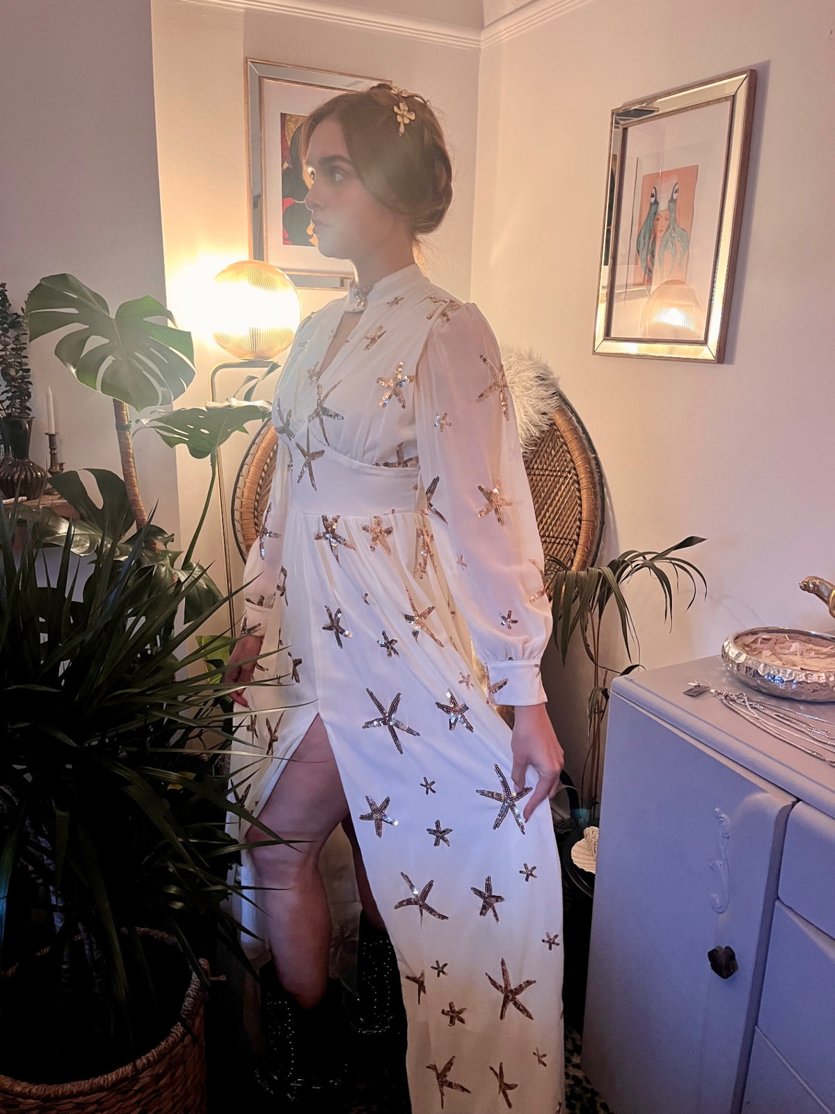Celestial Sea Star Gown ✨  Size 8 Ivory  & Gold Sequin Maxi Dress