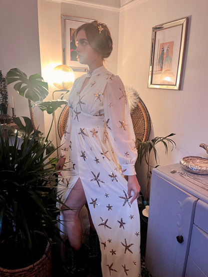 Celestial Sea Star Gown ✨  Size 8 Ivory  & Gold Sequin Maxi Dress