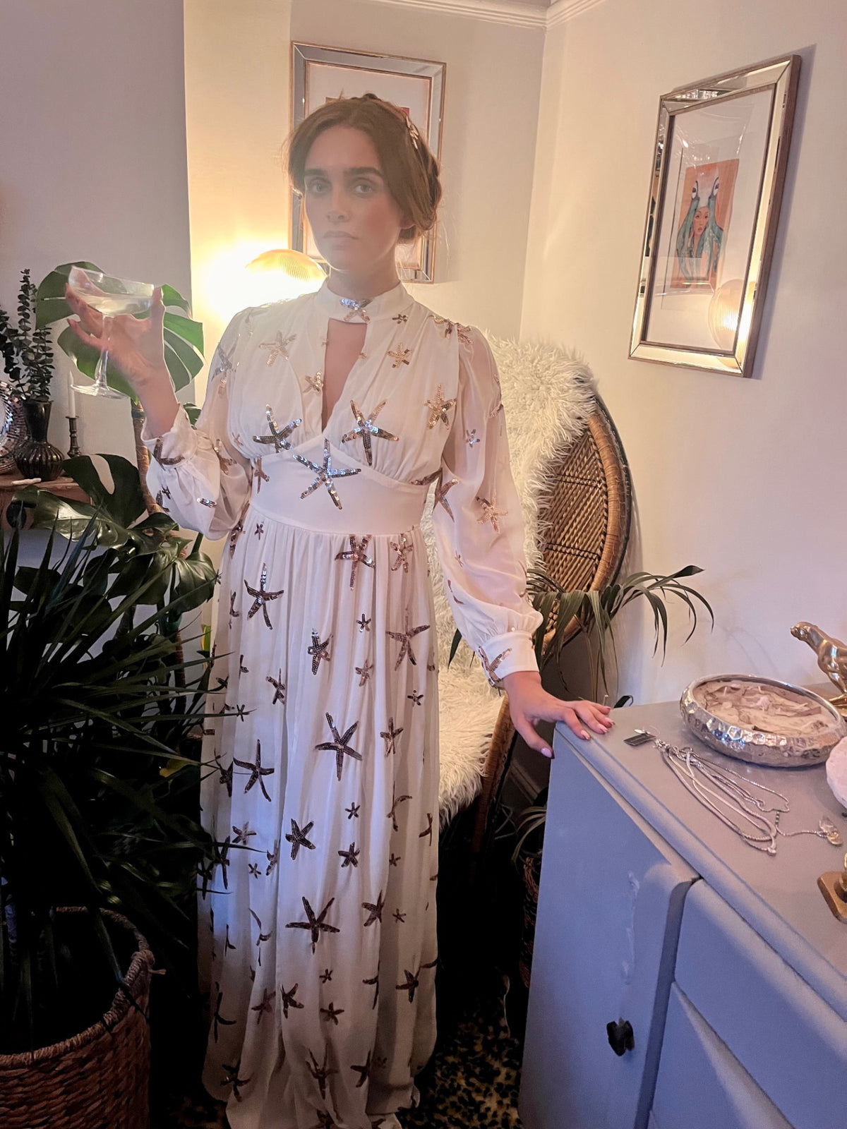 Celestial Sea Star Gown ✨  Size 8 Ivory  & Gold Sequin Maxi Dress