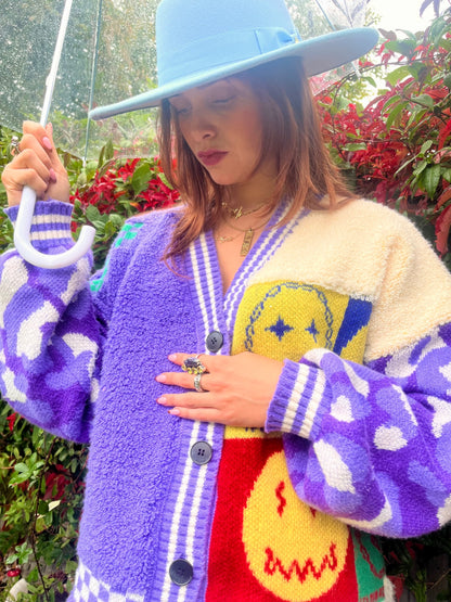 Purple Patchwork Happy Face Knit Cardigan – Oversized Retro Smile Design