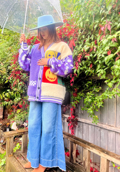 Purple Patchwork Happy Face Knit Cardigan – Oversized Retro Smile Design