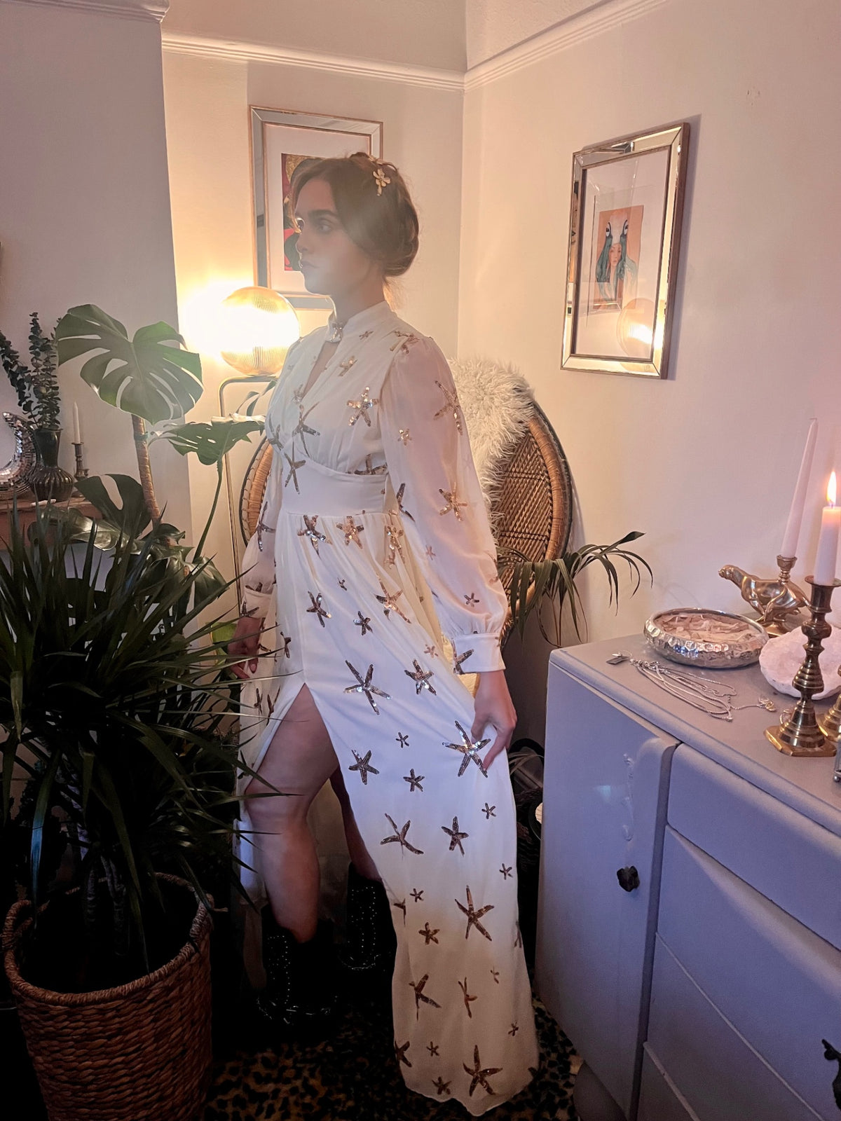 Celestial Sea Star Gown ✨  Size 8 Ivory  & Gold Sequin Maxi Dress