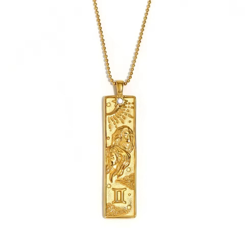 Gemini Zodiac Amulet Necklace Gold Waterproof Stainless Steel