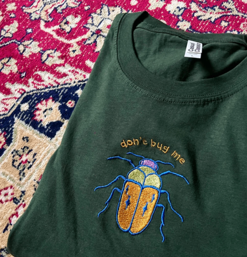 Don't Bug Me Beetle Embroidered Unisex Green T-Shirt - Large