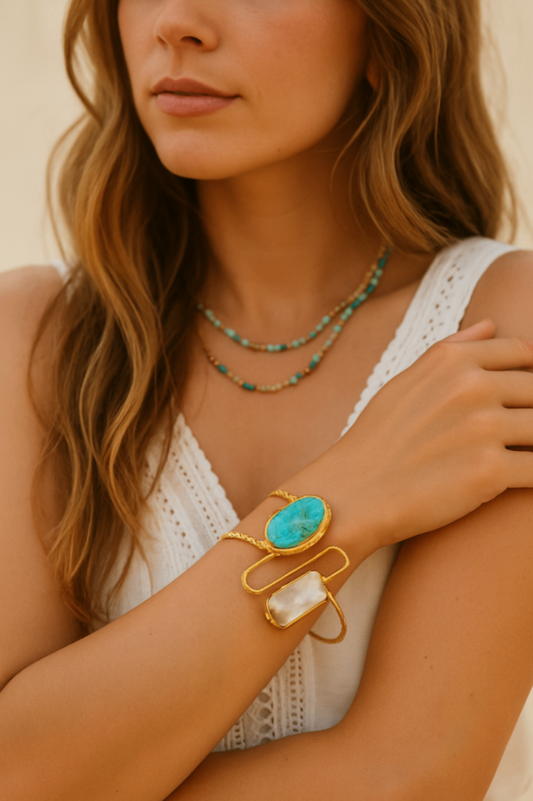 Golden Turquoise & Biwa Pearl Cuff Bracelet – Unique Stone Jewellery