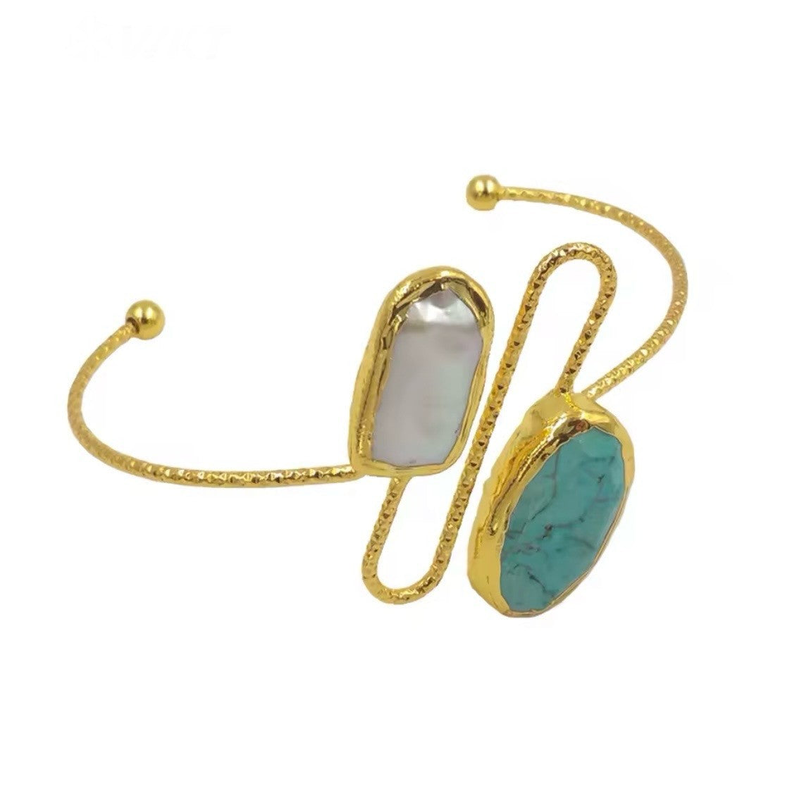 Golden Turquoise & Biwa Pearl Cuff Bracelet – Unique Stone Jewellery