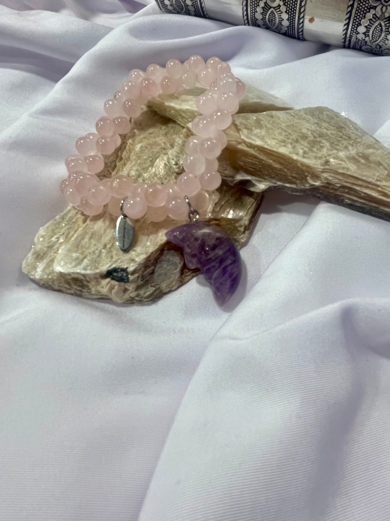 Rose Quartz Moon Bracelet – Amethyst Crescent Charm