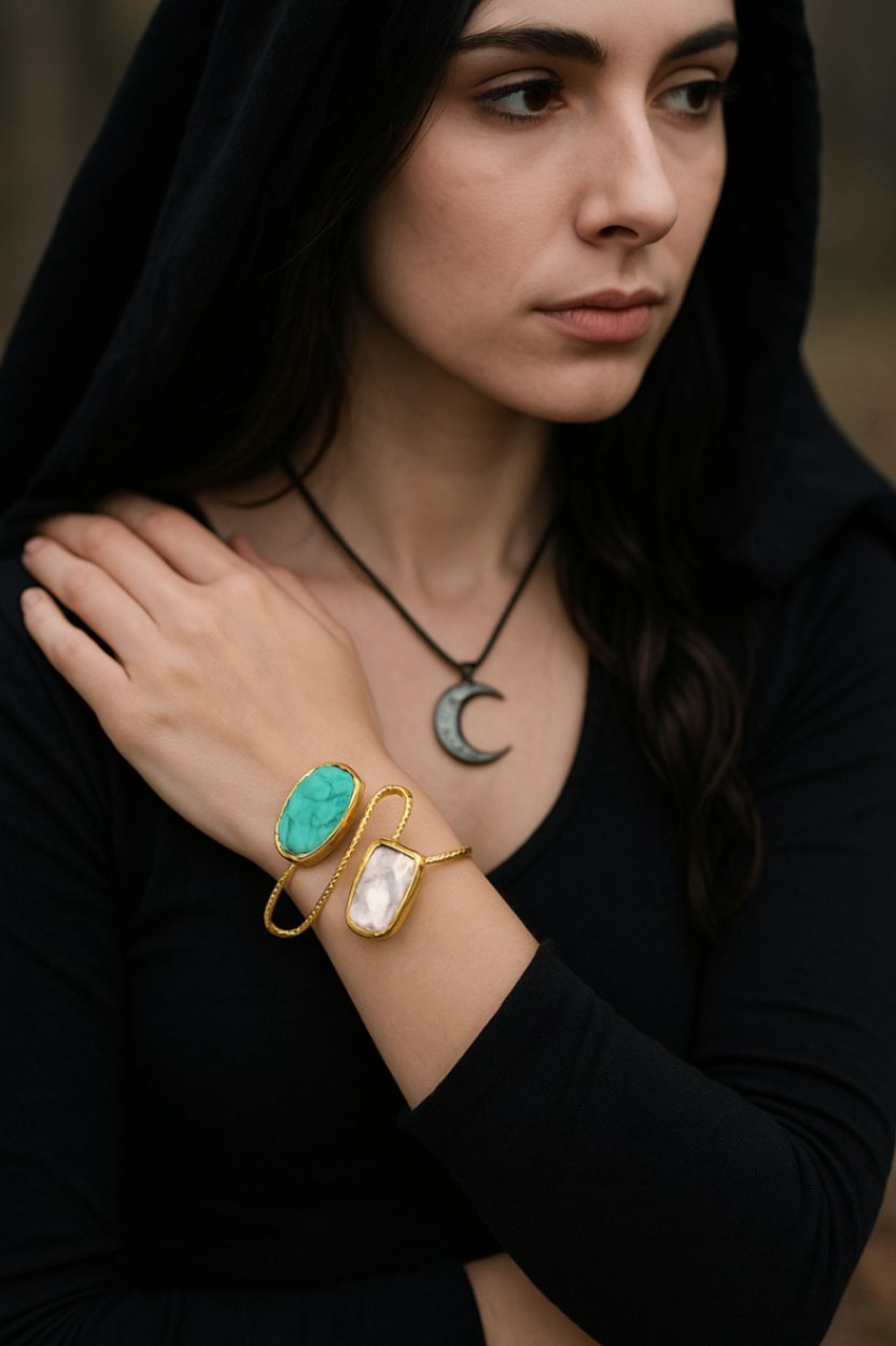 Golden Turquoise & Biwa Pearl Cuff Bracelet – Unique Stone Jewellery