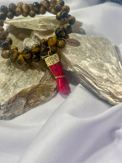 Tiger’s Eye Protection Bracelet with Red Mano Cornuto Charm – Strength, Courage & Evil Eye Protection