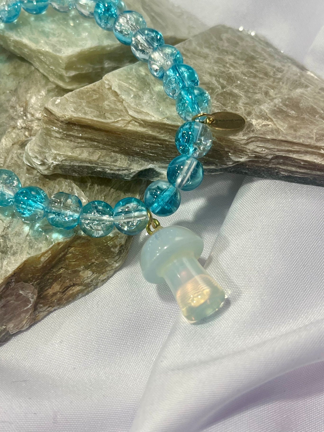 Aqua Crystal Mushroom Bracelet – Clarity, Flow & Intuition