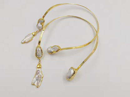 Golden Biwa Pearl Collar Necklace – Celestial Amulet Choker