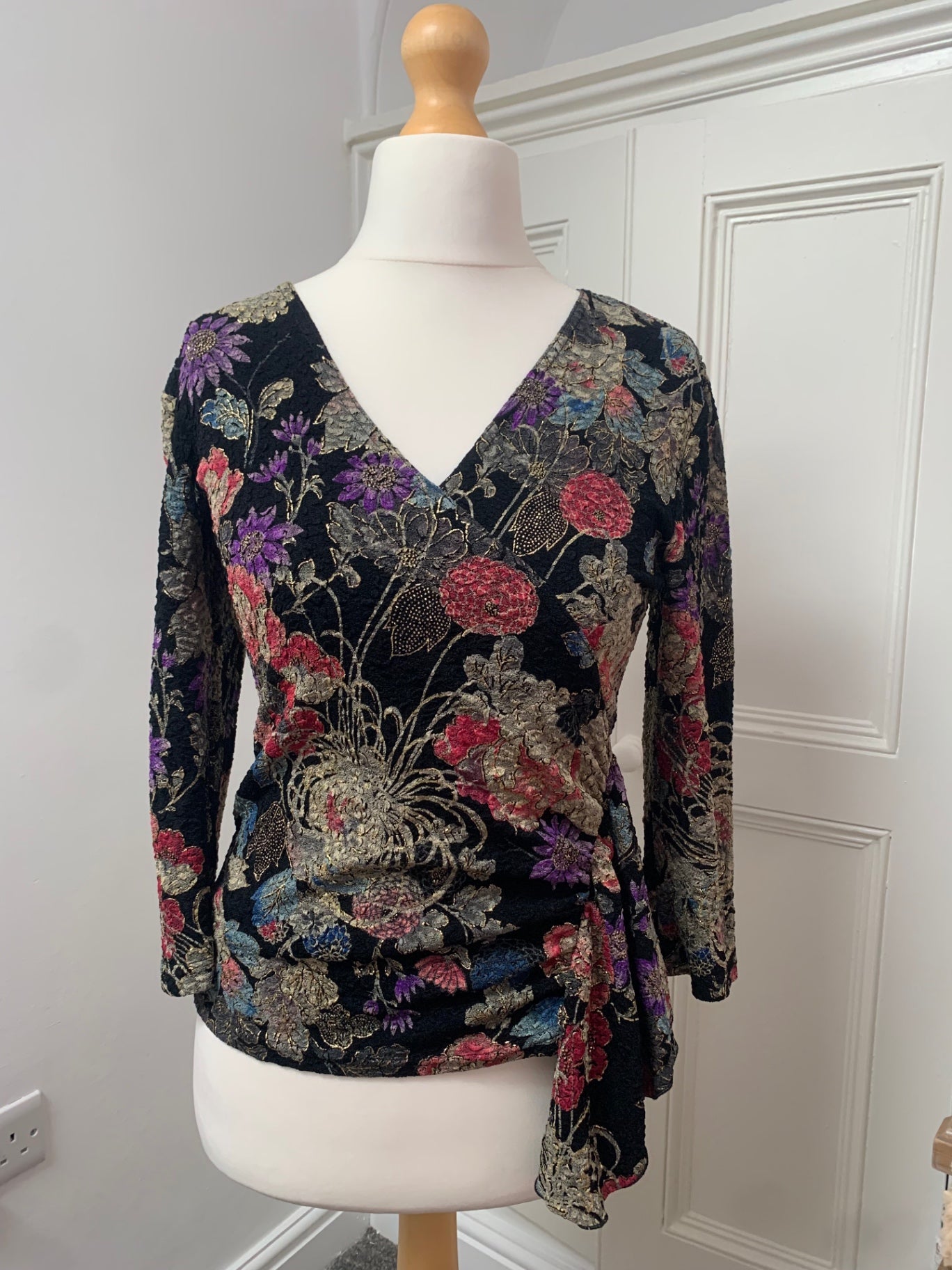vintage black top with multicoloured flowers 