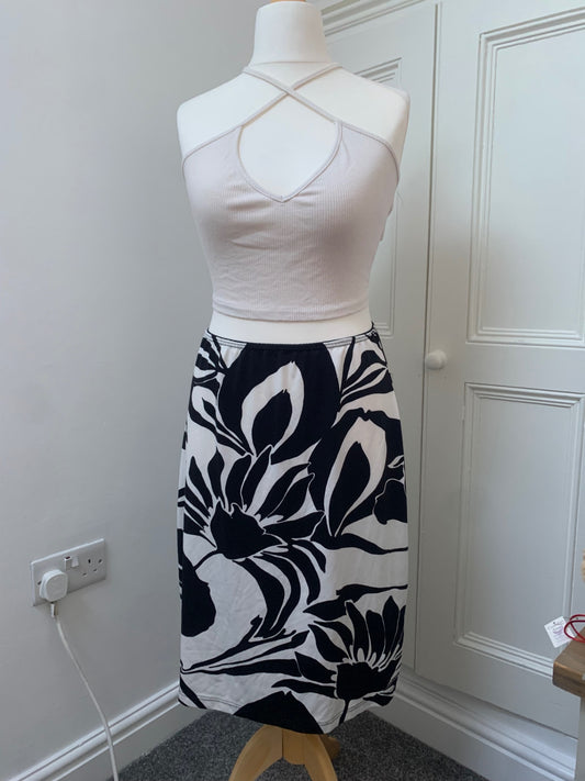 white & black floral midi skirt