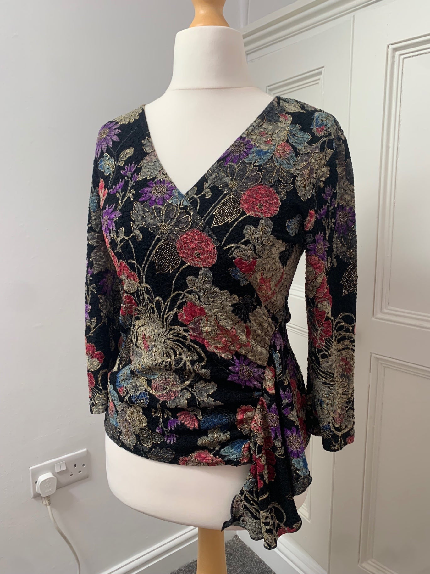 vintage black top with multicoloured flowers 