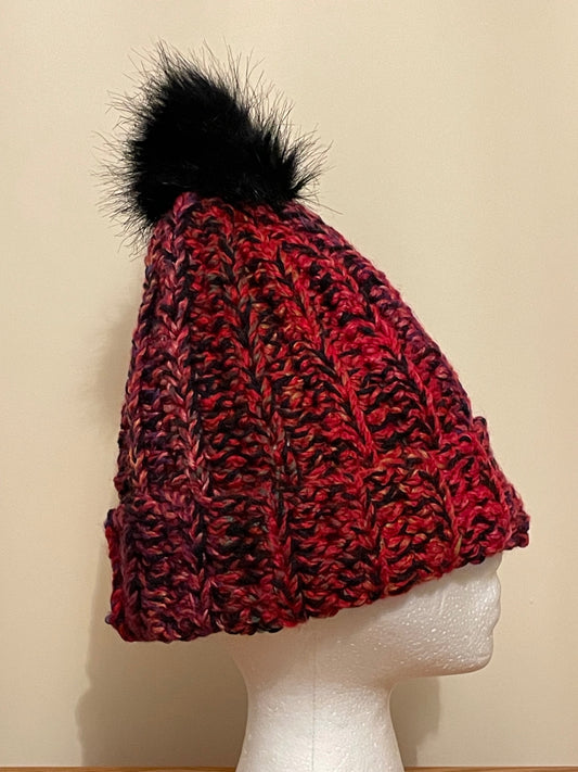Red black Pom Pom beanie