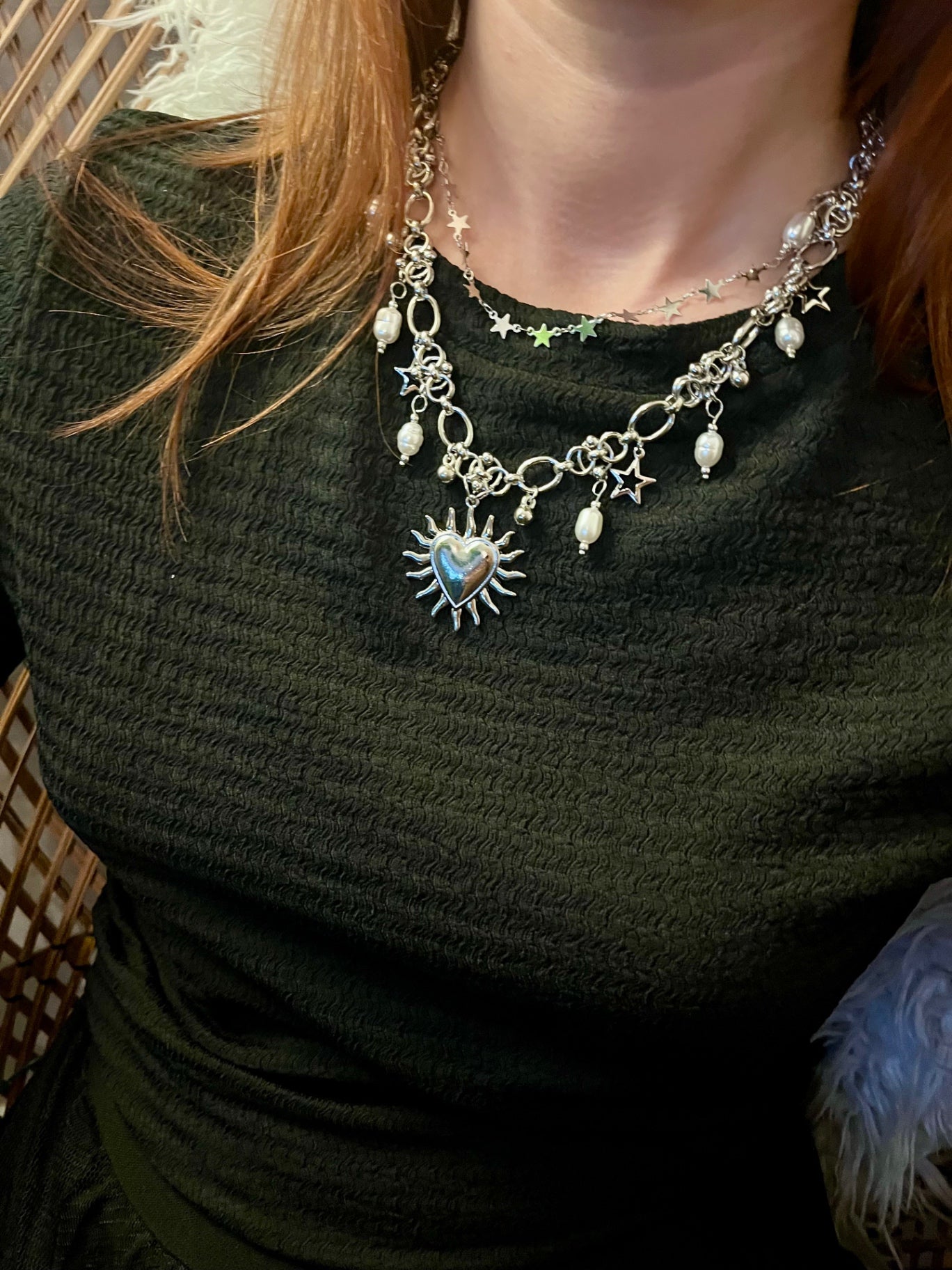 Celestial Heart Necklace — Silver Sun Amulet with Pearls & Star Charms