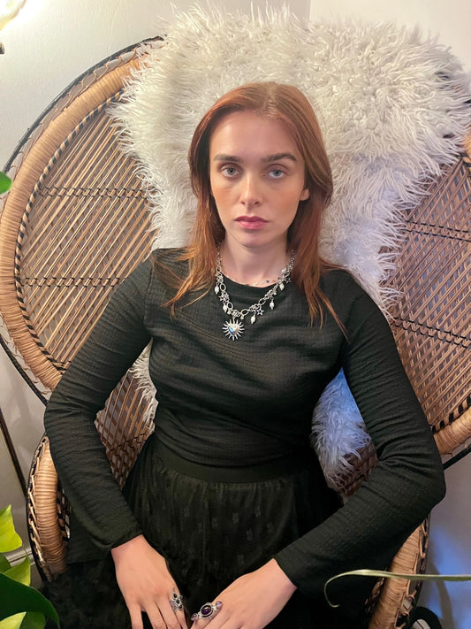 Celestial Heart Necklace — Silver Sun Amulet with Pearls & Star Charms