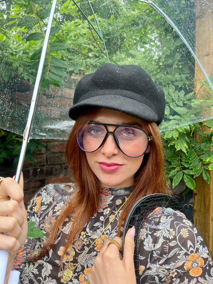 BLACK WOOL BAKER BOY HAT CAP ADJUSTABLE