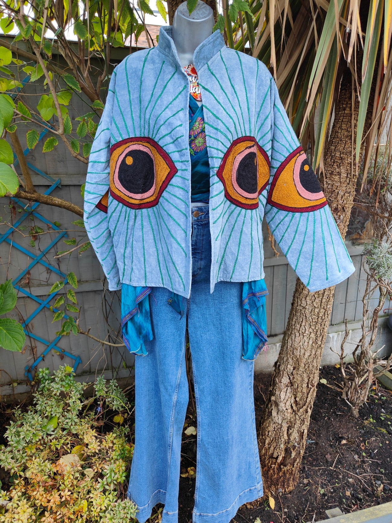 Wanderlust evil eye protection velvet jacket -light blue grey 