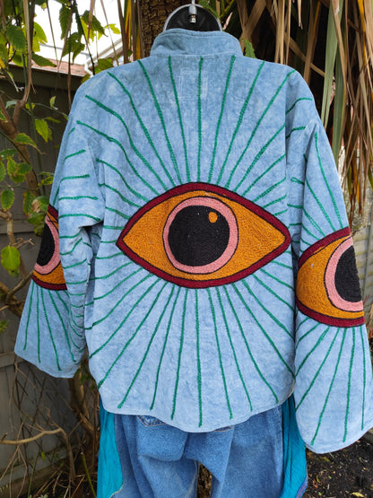 Wanderlust evil eye protection velvet jacket -light blue grey 