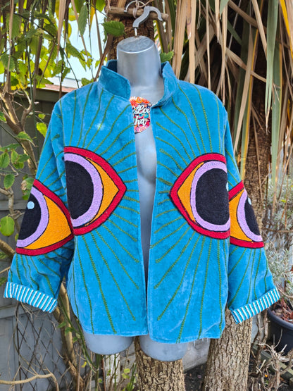 Wanderlust evil eye protection velvet jacket -Blue