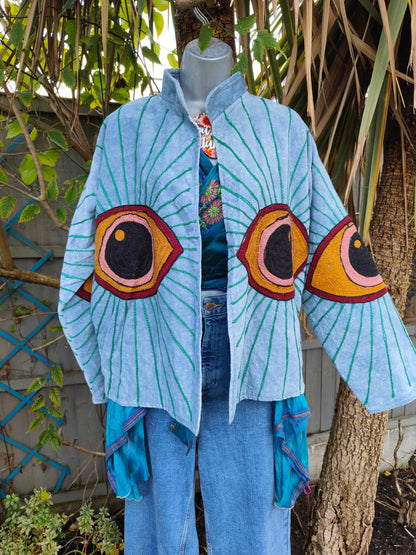 Wanderlust evil eye protection velvet jacket -light blue grey 