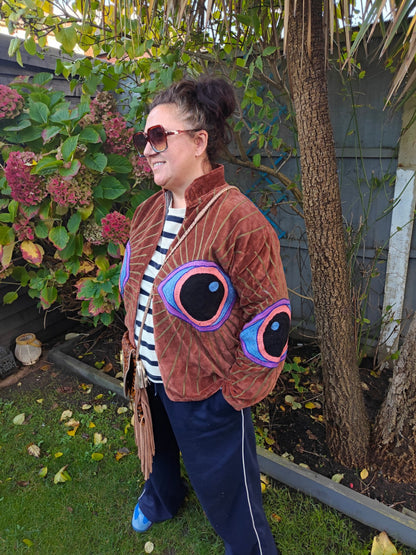 Wanderlust evil eye protection jacket- brown