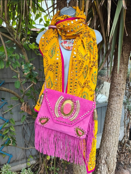 Thassos Embroidered scarf yellow hot pink trim