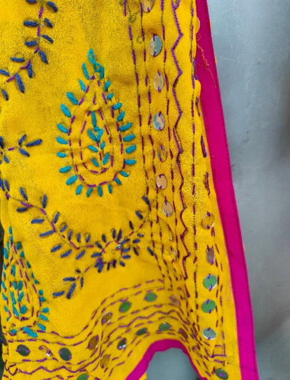 Thassos Embroidered scarf yellow hot pink trim