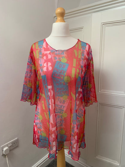 colourful graphic mesh top