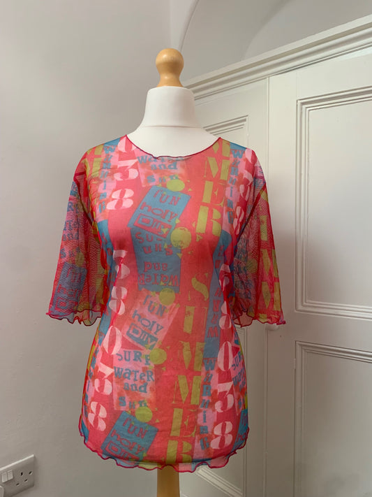 colourful graphic mesh top 